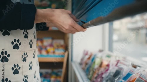 Small Business Owner Opening Blue Metal Rolling Shutter Door of Local Pet Shop Store at Dawn to Start Daily Retail Operations