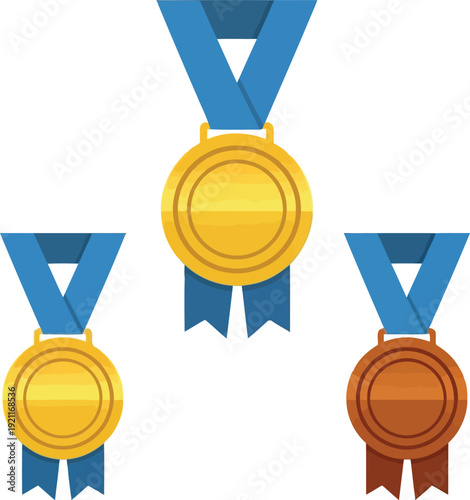 Set of three colorful sports medals including gold silver and bronze with blue ribbons