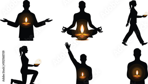 Silhouettes of people in various yoga poses with lit diyas meditation