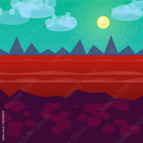 Fantasy cartoon game background with red liquid, blue mountains, and sun in sky