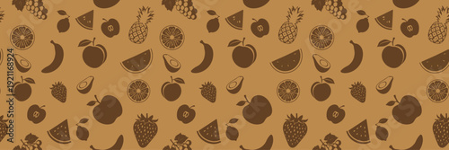 Seamless fruit pattern with apple, banana, pineapple, watermelon, strawberry, avocado, citrus and grapes in brown tones on warm background, vector illustration