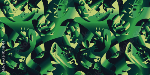 Continuous line playful frenzy faces, surrealism seamless emerald gradient pattern. Abstract drawing, people faces graphics. Vector surrealism wallpaper