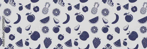 Seamless fruit pattern with apple, banana, pineapple, watermelon, strawberry, avocado, citrus and grapes in dark blue on light background, vector illustration