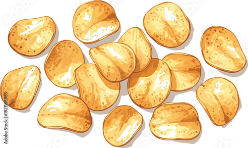 Crispy potato chips illustration with realistic golden texture isolated on white background for snack food packaging advertising menus and culinary design projects