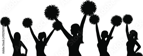 Cheerleader silhouettes with pom poms, black female figures cheering isolated on white background, sport team spirit illustration design