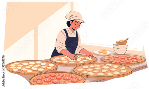 A woman preparing dried fruit slices on a tray