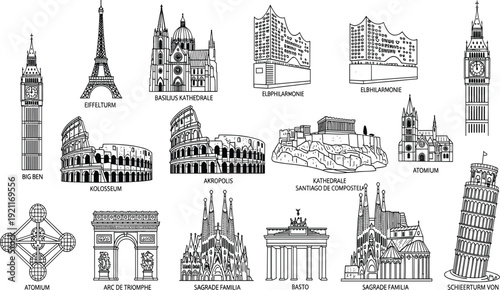 Famous European Landmarks Vector Icon Set Featuring Big Ben Eiffel Tower Colosseum Sagrada Familia and Historic Monuments for Travel Design Projects
