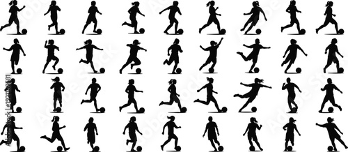 Female soccer player silhouettes set with women playing football athletes kicking ball running and jumping isolated on white background vector collection