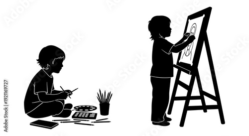 Two children engaged in creative drawing activities together in a classroom setting