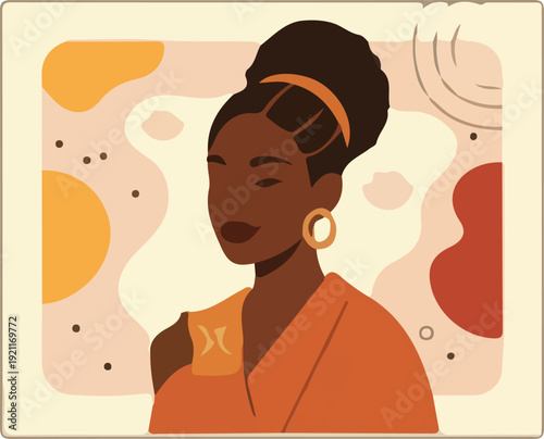 African woman portrait in orange traditional dress with geometric art background illustration