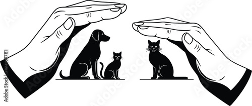 Pet protection and animal welfare vector illustration with human hands sheltering cats and dogs for veterinary care, pet insurance, and rescue center backgrounds,
