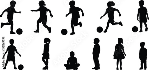 Children playing soccer silhouettes set, kids football activity collection in running and standing poses isolated on white background