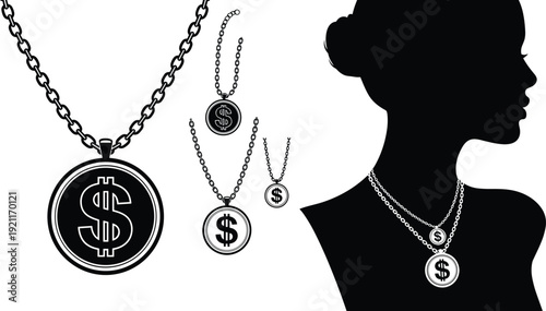 Dollar sign necklace jewelry vector illustration set with gold coin pendant and female silhouette for wealth, finance, luxury fashion, and money backgrounds,