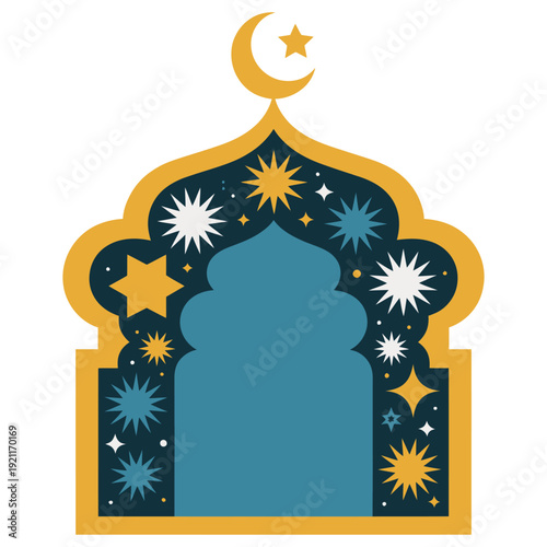 Ornate Islamic architectural design with crescent moon and stars symbolizes Ramadan.
