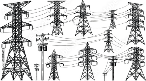 Electrical transmission towers, utility poles, lattice steel structures, wooden power line t collection