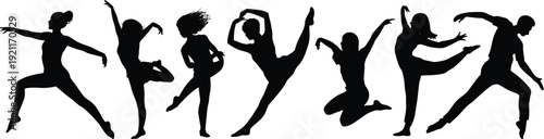 Collection of dancers silhouettes performing ballet and contemporary moves, black dancing people isolated on white background artistic illustration set