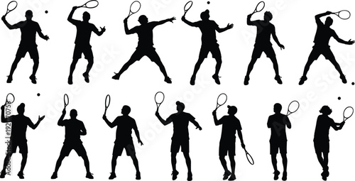 Male tennis player silhouettes set with men playing match athletes hitting ball serving and swinging racket isolated on white background