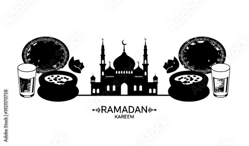 Modern Flat Vector of Ramadan Kareem Celebration Elements: Mosque, Dates, Water Glass, and Traditional Food Plate