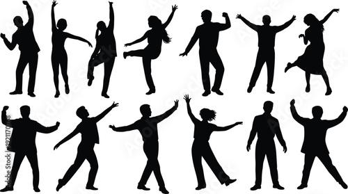 Dancing people silhouettes set, men and women party dancers in energetic poses isolated black vector collection on white