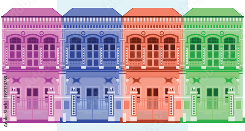 A vibrant flat vector illustration of a row of traditional Peranakan shophouses in a variety of colorful pastel tones, featuring intricate heritage architectural details and colonial style.