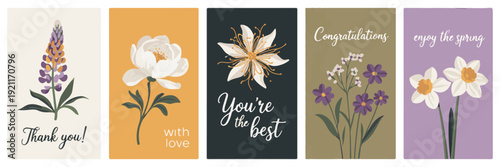 Spring flowers greeting cards, thank you, congratulations, with love, enjoy spring, floral illustrations