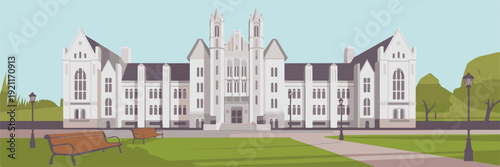 Grand stone university building exterior with towers, symmetrical architecture, manicured lawn and trees