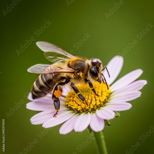 Close-up macro shot of a honey bee collecting pollen from a delicate white and pink daisy flower with a soft green blurred background.