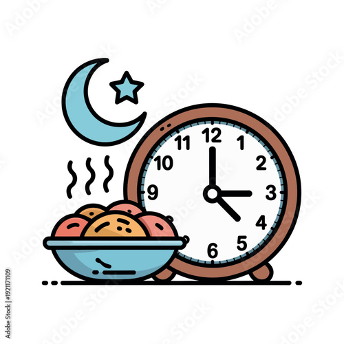 A clock, a bowl of fruit, and the moon and star represent fasting and breaking fast during Ramadan.