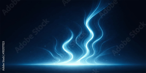 A digital art illustration features a fractal pattern of glowing blue fire flames and plasma waves against a black space backdrop, creating a motion energy texture for a wallpaper design