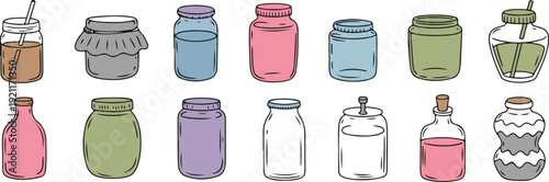 Collection of glass jars and bottles, preserving and storage containers, beverage and liquid vessels illustration