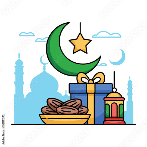 Ramadan celebration features a crescent moon, star, gift, dates, and lantern with mosque silhouette.