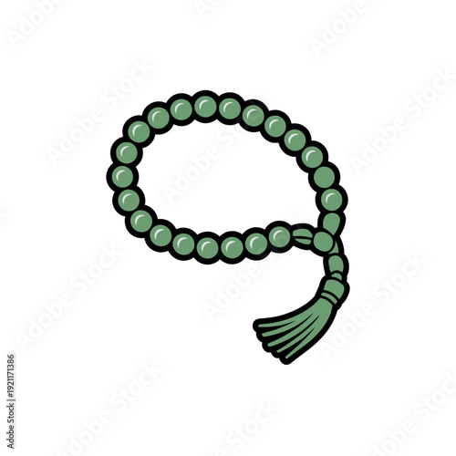 A string of green prayer beads with a tassel rests in a loop.
