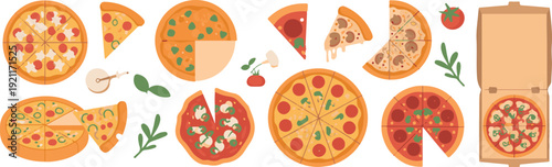 Various pizzas and pizza slices, ingredients, and pizza box for food promotion and culinary themes