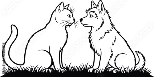 Cat and dog sitting together in grass line art illustration for coloring book page pets friendship animal lovers isolated on white background