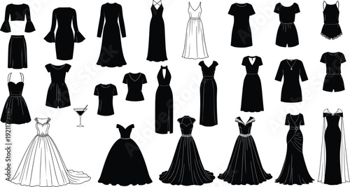Black silhouette collection of elegant women dresses, wedding gowns, cocktail apparel, fashion icons, formal evening wear, party outfits, clothing set, vector illustration, isolated