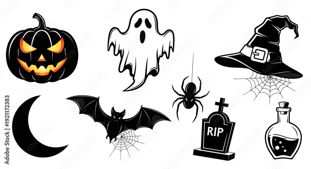 Obraz premium Halloween Icons Collection: Pumpkin, Ghost, Bat, Witch Hat, Spider, Tombstone