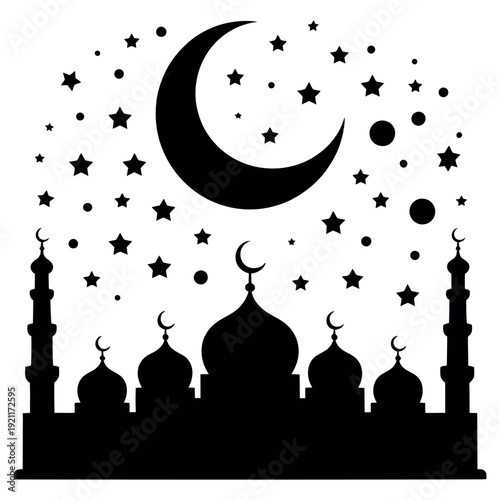 A crescent moon shines over a mosque silhouette under a starry night sky.