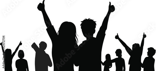 Group of happy people silhouettes showing thumbs up, black cheering crowd isolated on white background positive feedback concept