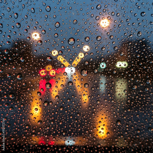 Raindrops on Car Windshield with Blurred City Lights at Dusk