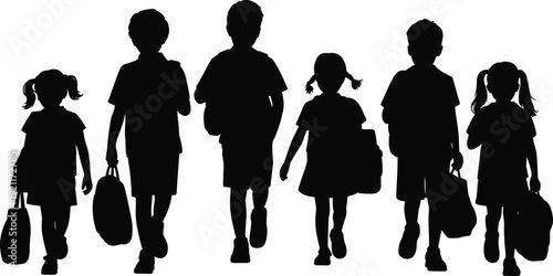 Group of school children silhouettes walking with backpacks and bags, black kids figures isolated on white background illustration