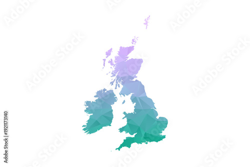 United Kingdom Map Polygon Style Vector Illustration in Purple and Cyan Gradient, Low Poly Geometric Design, Isolated on White Background for Infographics and Projects.