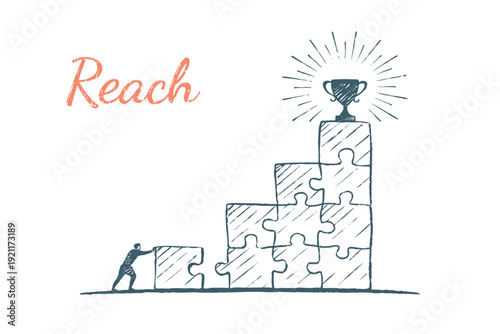 Bild auf Leinwand Businessman building puzzle steps to reach trophy