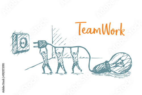 Team connecting plug to socket together, symbol of cooperation, shared energy and business synergy.