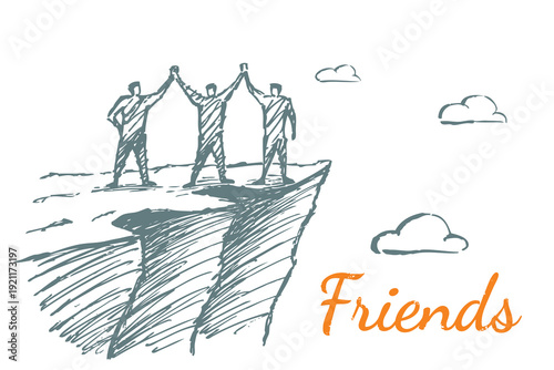 Three friends standing on cliff edge, celebrating unity and trust. Concept of friendship and shared success.