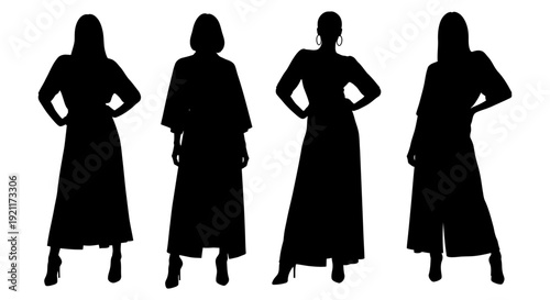 diverse female silhouettes posing elegantly showcasing modern fashion with confident style ideal for retail branding and empowerment visuals.