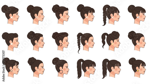 diverse female hairstyles showcasing elegant buns intricate braids and chic ponytails ideal for beauty and fashion guides.