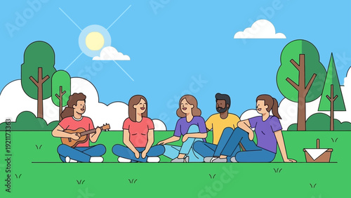 diverse friends enjoying a sunny park picnic one playing ukulele illustrating outdoor leisure and joyful friendship moments.