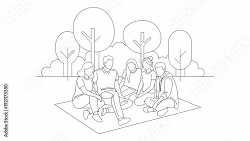 diverse friends enjoying outdoor leisure sitting on a blanket in a park with trees illustrating social connection and relaxation.