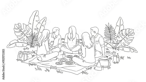 diverse friends sharing a relaxing outdoor picnic on a blanket in a park perfect line art for summer leisure and togetherness.