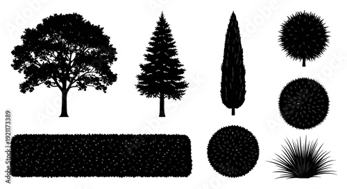 diverse garden plant and tree silhouettes including bushes hedges and grass for architectural landscape design.